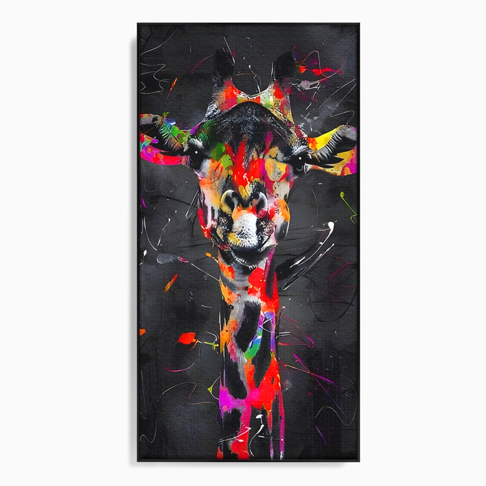 Tablou canvas cu tablou canvas cu girafa multicolor, in rama de aluminiu negru